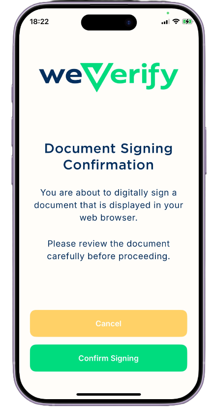 WeVerify app document-signing confirmation screen